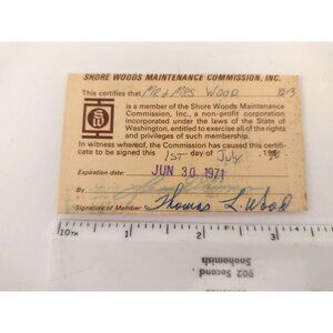 Vintage 1971 Shore Woods Membership Certificate Card Washington State
